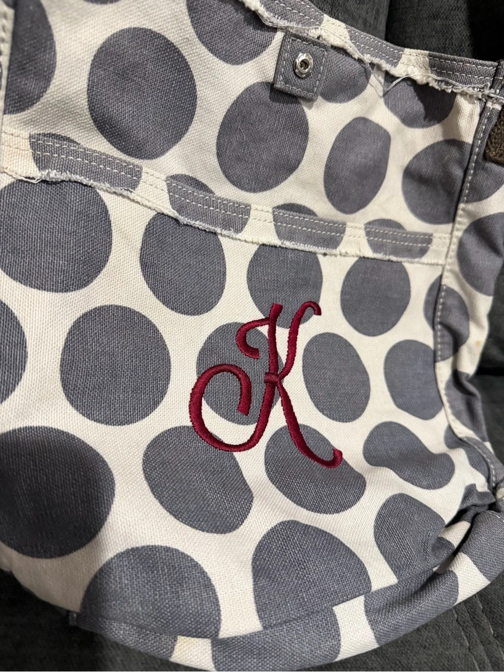 Gray Polka Dot Crossbody Bag with Red Monogram